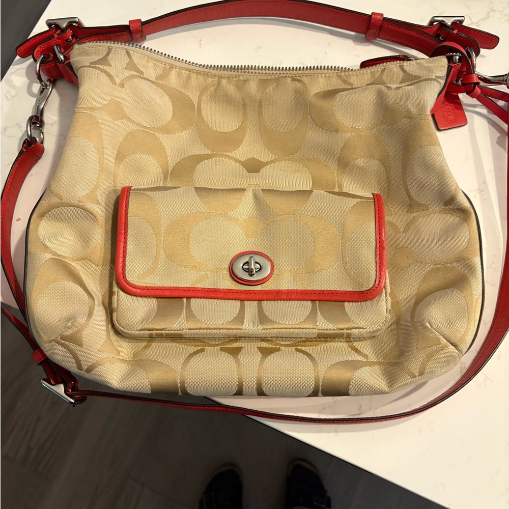 Coach Cream and Red Shoulder Bag with Signature Monogram